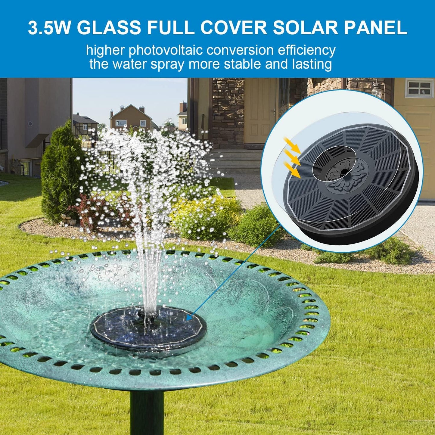 SZMP Solar Bird Bath Fountains,Working On Cloudy Day Solar Water Fountain 3.5W Glass Solar Panel 2000mAh Battery 4 Fixer 7 Nozzles Solar Fountain for Bird Bath Garden(Black Solar Panel)