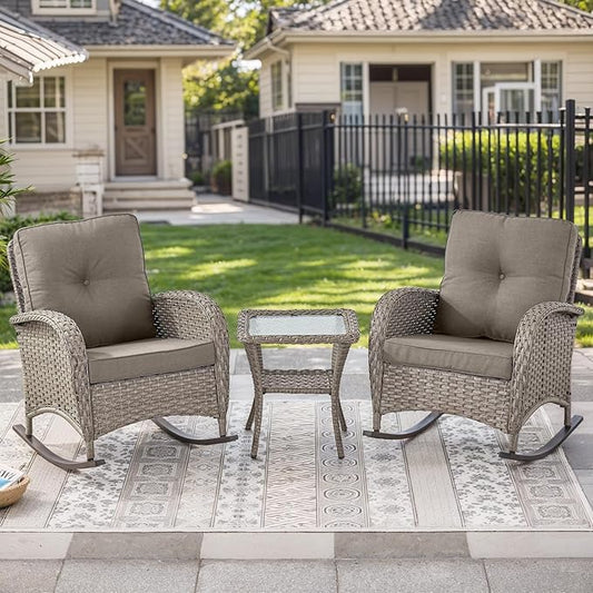 HUMMUH Outdoor Bistro Set-High Back Outdoor Rocking Chair with Side Table Patio Table and Chairs Set for Deck Lawn Porch Balcony Poolside-Grey/Grey