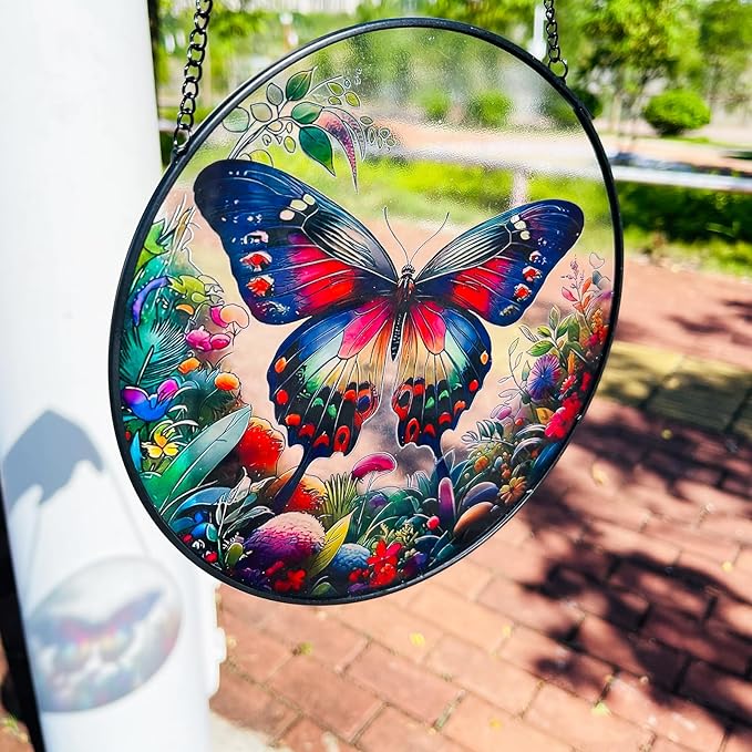 RIVEENY Butterfly Stained Glass Window Hangings, 8" Monarch Butterfly Hanging Stained Glass for Windows, Sun Catcher Garden Hangings Christmas Mother's Day, Valentine's Day Ornaments Festival Gift