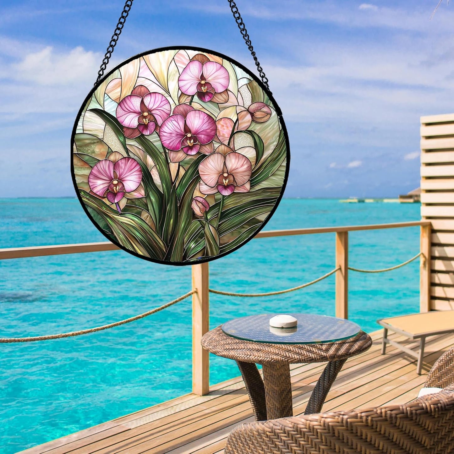 Stained Glass Window Hanging - Pink Phalaenopsis Orchid Green Leaves Sun Catcher for Door Home Decor Flower Suncatcher Christmas Mother's Day Birthday Gifts for Women Men Mom Nana 9.8 in