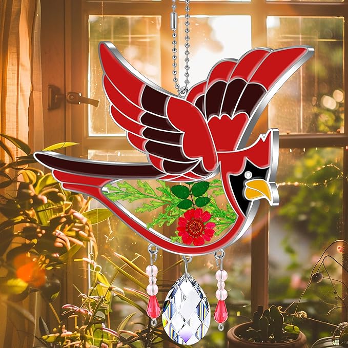 KY&BOSAM Cardinal Suncatcher Crystal Had Painted Glass Sun catchers Hangings for Windows Ornament with Pressed Real Flower and Heart Charm Birthday Gifts for Women Mom Mother's Day Christmas Mom Gifts
