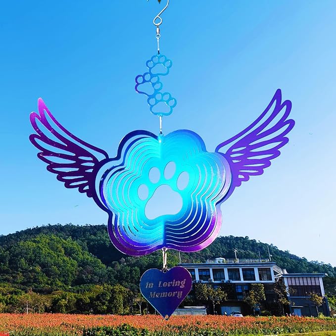 DJUAN Pet Memorial Wind Spinners, Cat Memorial Gifts,Stainless Steel Angel Wings Pet Paw Print,Dogs and Cats Remembrance, Pet Sympathy,Pet Loss Bereavement Gifts