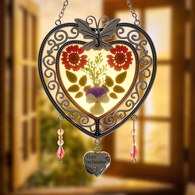 KY&BOSAM Tree of Life Heart Suncatcher I Love You Grandma Butterfly Hangings for Windows Suncatcher with Pressed Real Flower Heart and Charm Birthday Gifts for Women Mothers Day Christmas Ornament