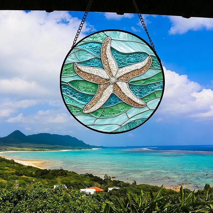 Stained Glass Window Hanging Teal Sea Waves Starfish Large 15" - Suncatcher Door Garden Sun Catcher Home Decor Birthday Mother's Day for Mom Men Woman Parents Her Child Nana
