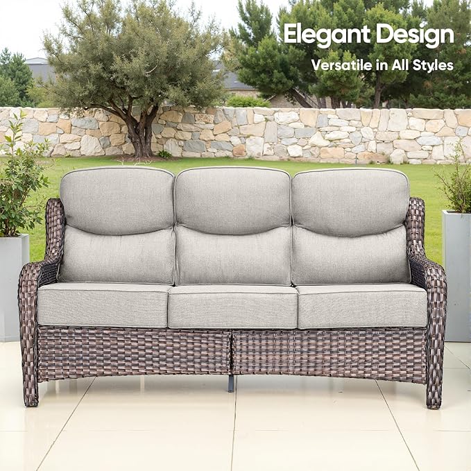 Swivel Patio Chairs sofa Set of 5 with 6" Thick Cushion - Wicker Outdoor Swivel Rocker Patio Chair ,Sofa/Glass coffee table, High Back Comfortable Outdoor Glider Chairs - Brown Wicker | Beige Cushions