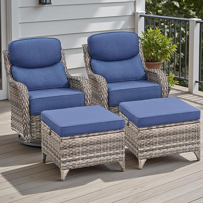 Rilyson Wicker Outdoor Patio Furniture Set - 4 Piece Patio Conversation Set with Swivel Rocker Chairs and Ottomans, 6 inch Cushions, High Back, Deep Seating, for Porch Deck Garden Mixed Grey/Blue