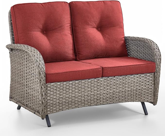 HUMMUH 2-Person Outdoor Glider Bench-All-Weather Wicker Patio Double Swing Rocking Chair Patio Loveseat for Deck Lawn Porch Balcony Poolside-Grey/Red