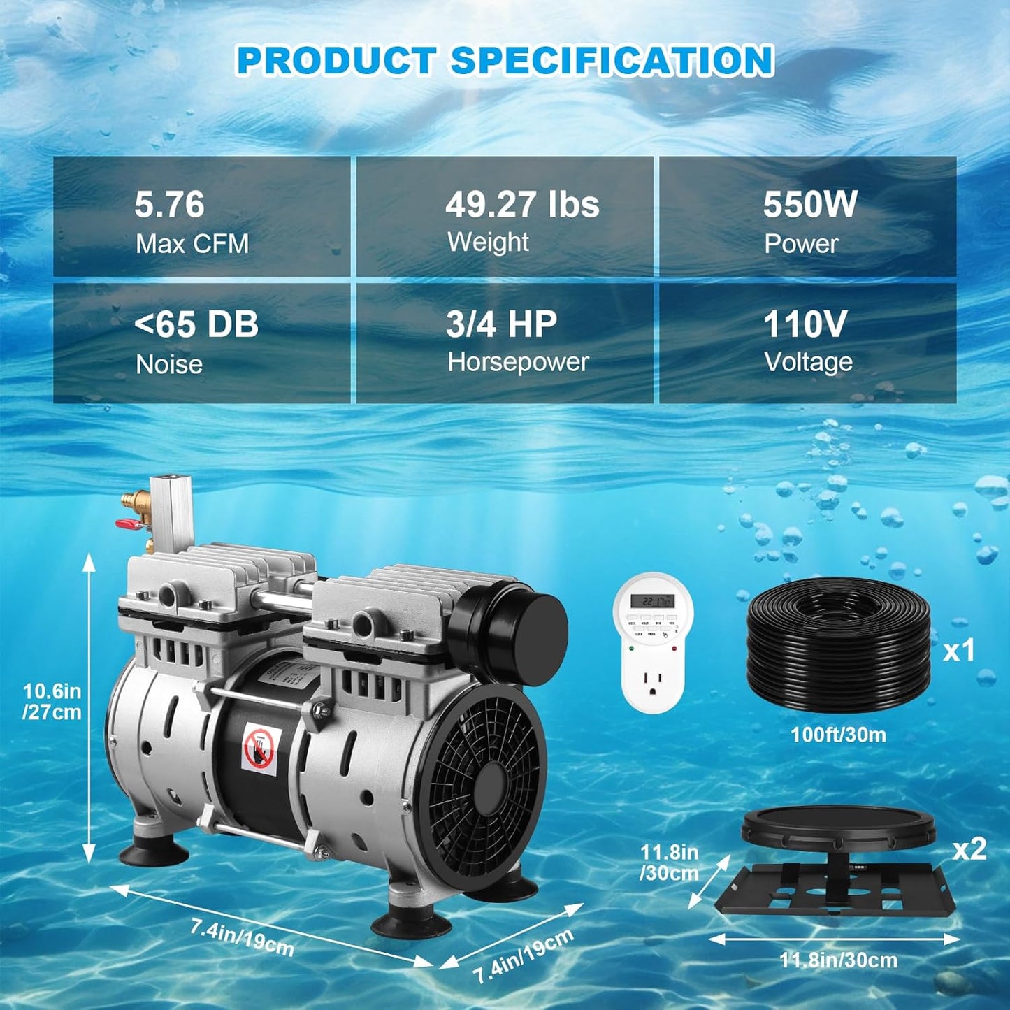 Pond Aerator, Ponds & Lake Aeration System, 5.76CFM for Up to 3 Acre, Includes 3/4 HP Compressor, 100' Weighted Tubing, 2 Diffusers for Outdoor Large Pond & Lake Aerator Pumps Water Oxygen Circulation