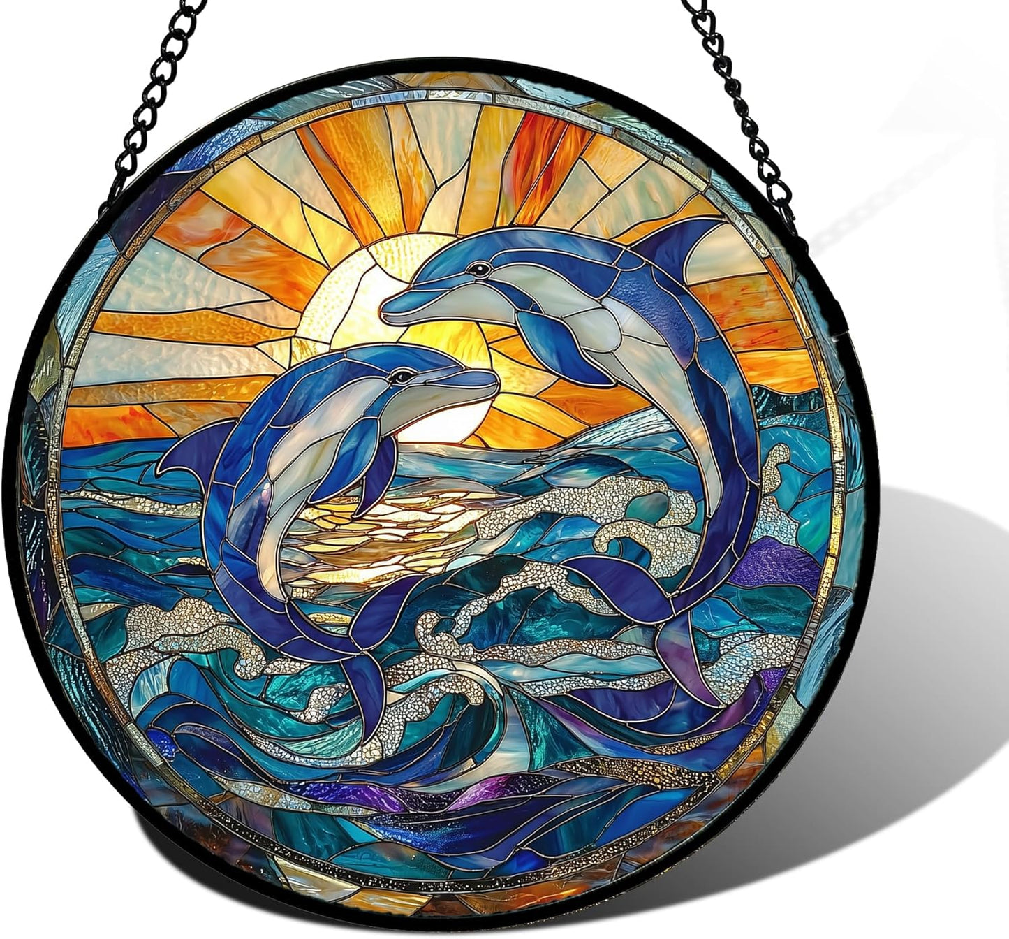 Stained Glass Window Hanging, Blue Dolphin Sun Catchers Colorful Glass Panel Sunrise Sea View Suncatcher Decor for Birthday for Women, Men, Wife, Aunt, and Mom 7.8 in