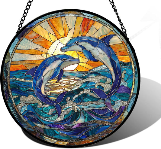 Stained Glass Window Hanging, Blue Dolphin Sun Catchers Colorful Glass Panel Sunrise Sea View Suncatcher Decor for Birthday for Women, Men, Wife, Aunt, and Mom 7.8 in