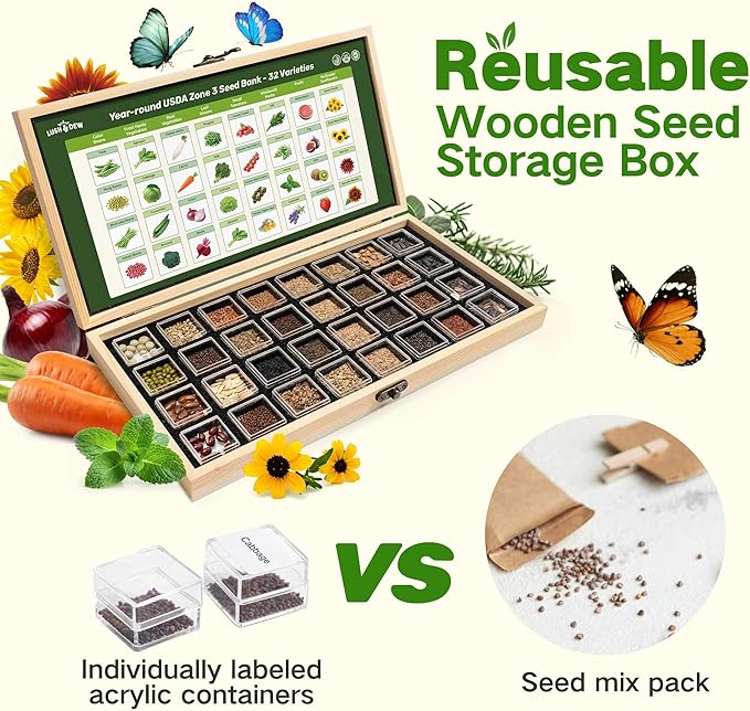 Lush&Dew USDA Zone 3 Seed Bank, Gardening Gifts for Women Men, 32 Varieties Non-GMO Heirloom Seeds for Planting Vegetables Fruits, Year Round Survival Seed Kit for Raised Garden Bed Greenhouse