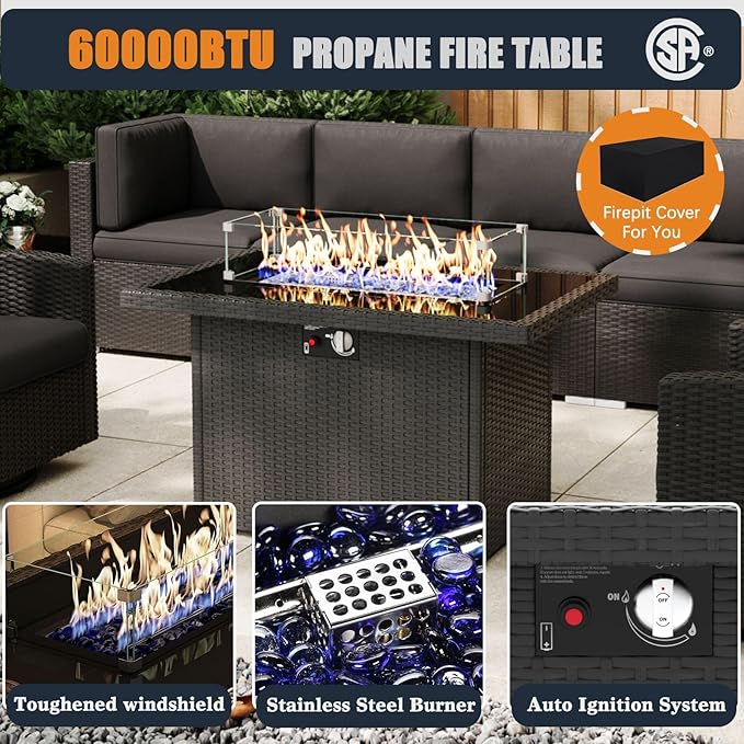 Patio Furniture Set with Fire Pit Table, 11 Pieces Outdoor All-Weather Wicker Conversation Sectional Chair Sofa Set with 2 Swivel Chairs