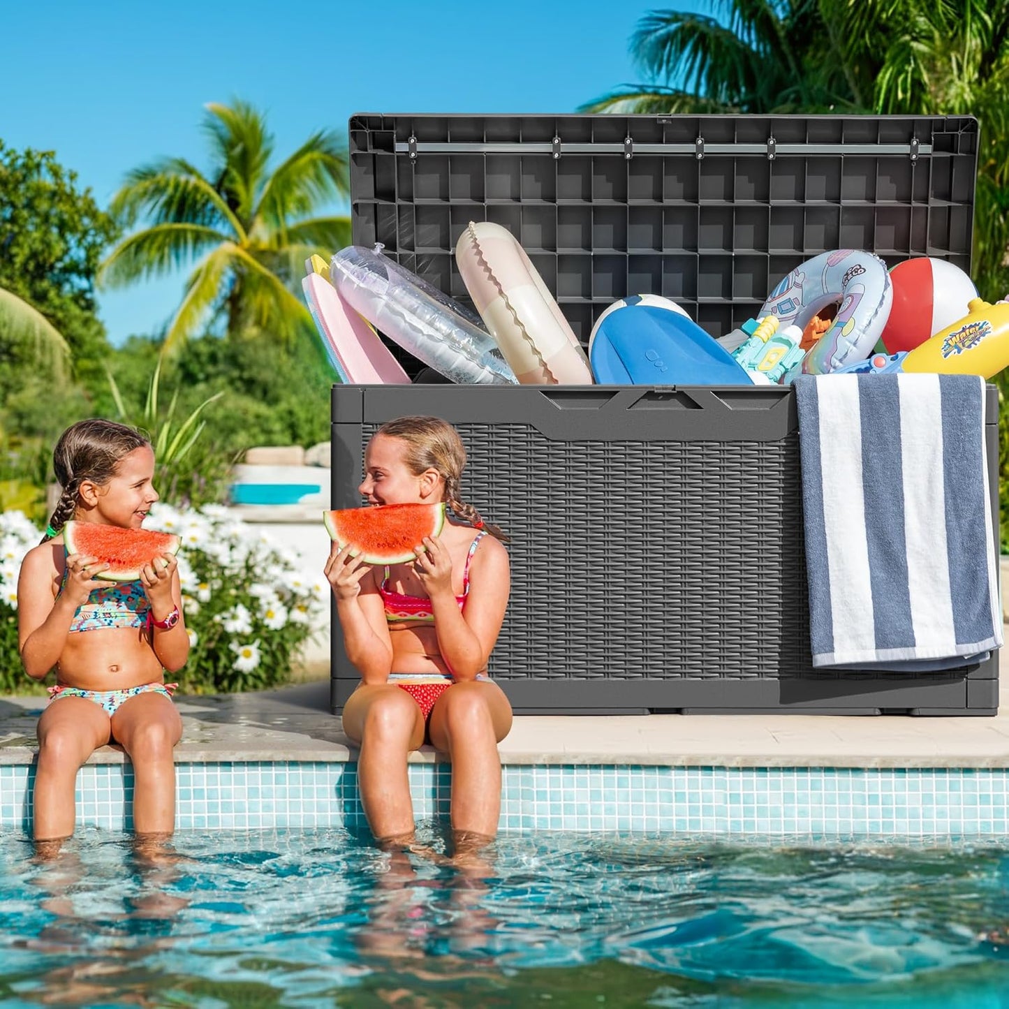 Greesum 100 Gallon Resin Deck Box Large Outdoor Storage with Cushions for Patio Furniture, Garden Tools, Pool Supplies, Weatherproof and UV Resistant, Lockable,Gray