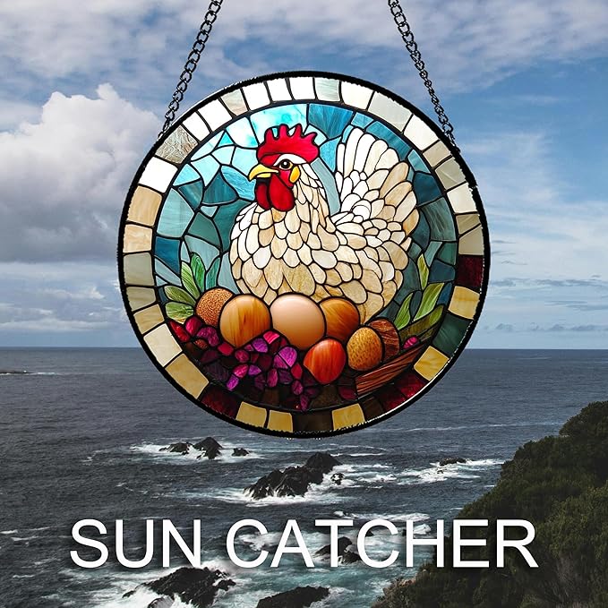 Stained Glass Window Hanging White Chicken Hatching Eggs Large 11.8" - Suncatcher Door Garden Sunroom Sun Catcher Home Decor Birthday Christmas for Mom Men Woman Nana