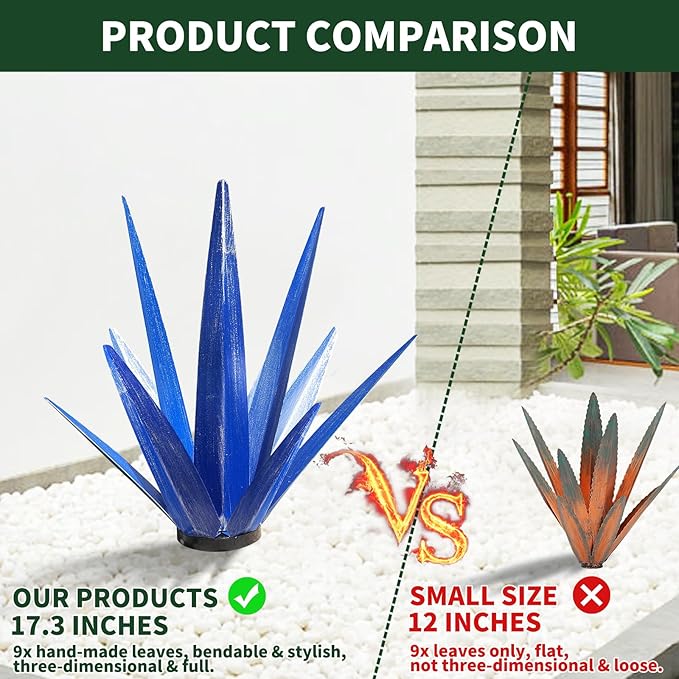 Large Tequila Rustic Sculpture, Rustic Metal Agave Plants for Outdoor Patio Yard, Home Decor Hand Painted Metal Agave Garden Yard Statue, Outdoor Lawn Ornaments Yard Stakes (Dark Blue - M)