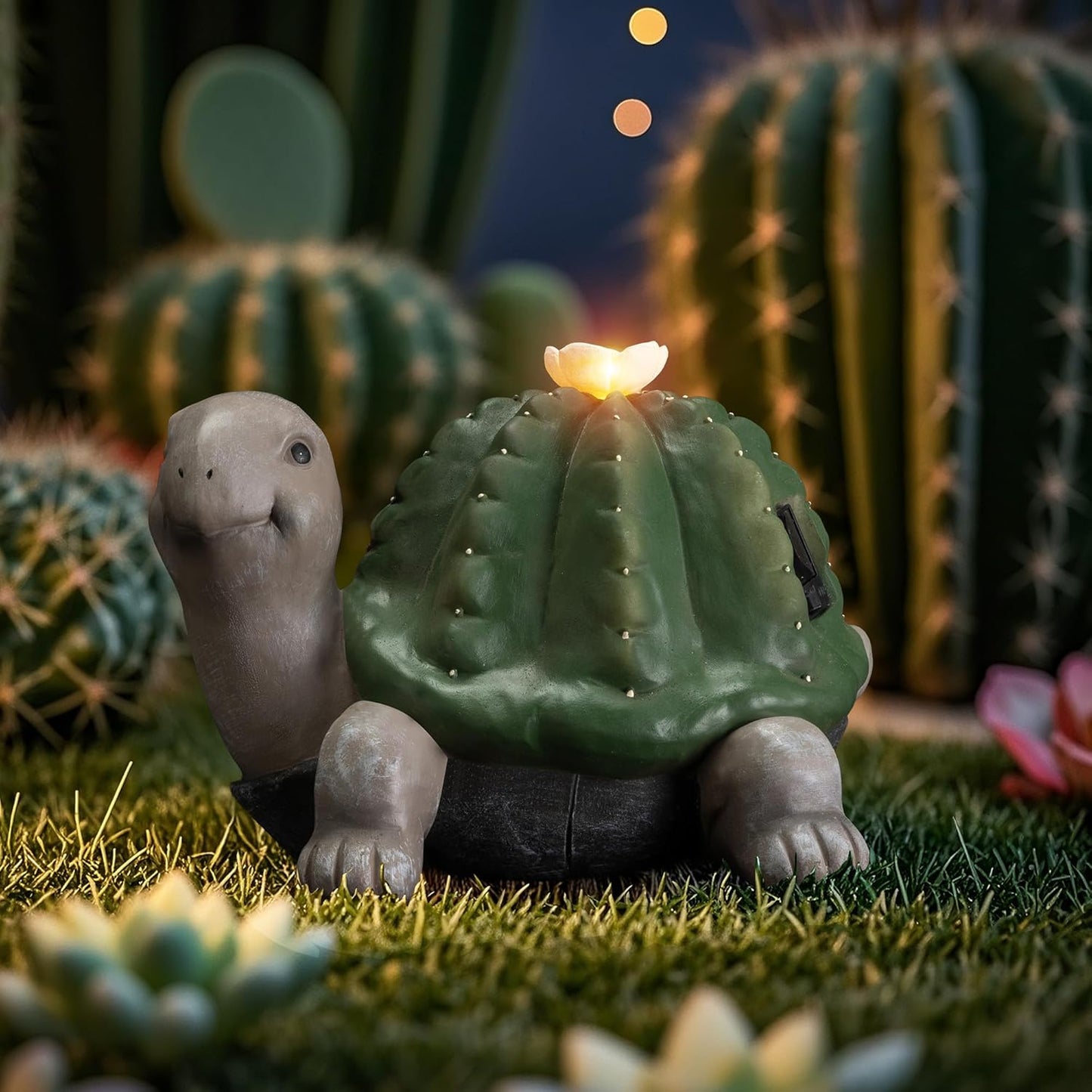 Solar Cactus Turtle Statue Garden Decor Light - Outdoor Decorative LED Flower, Suitable for Patio, Lawnand Garden Decorations, Gifts for Mom
