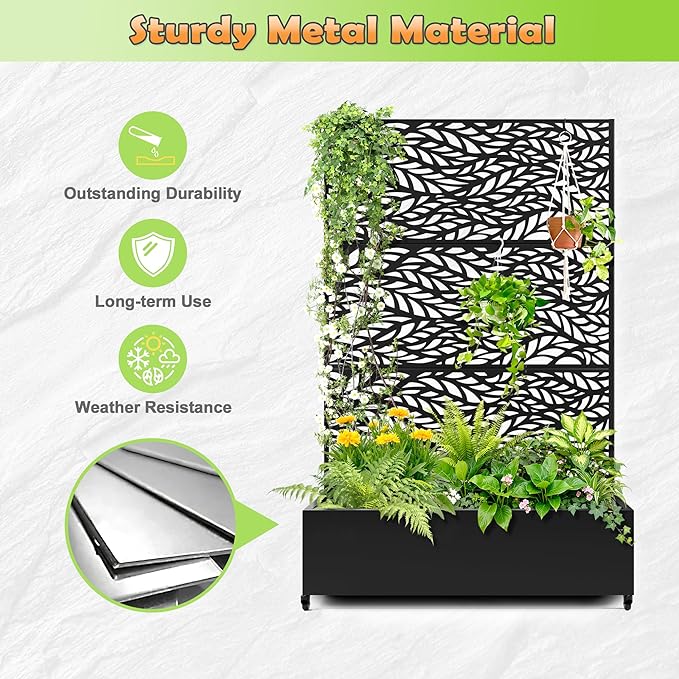Metal Raised Garden Bed with Trellis, 2-in-1 Planter Box & Privacy Screen for Climbing Plants, Outdoor Standing Flower Bed with Drainage Holes, 47.2" L x 16.7" W x 70.8" H, Black-Spring