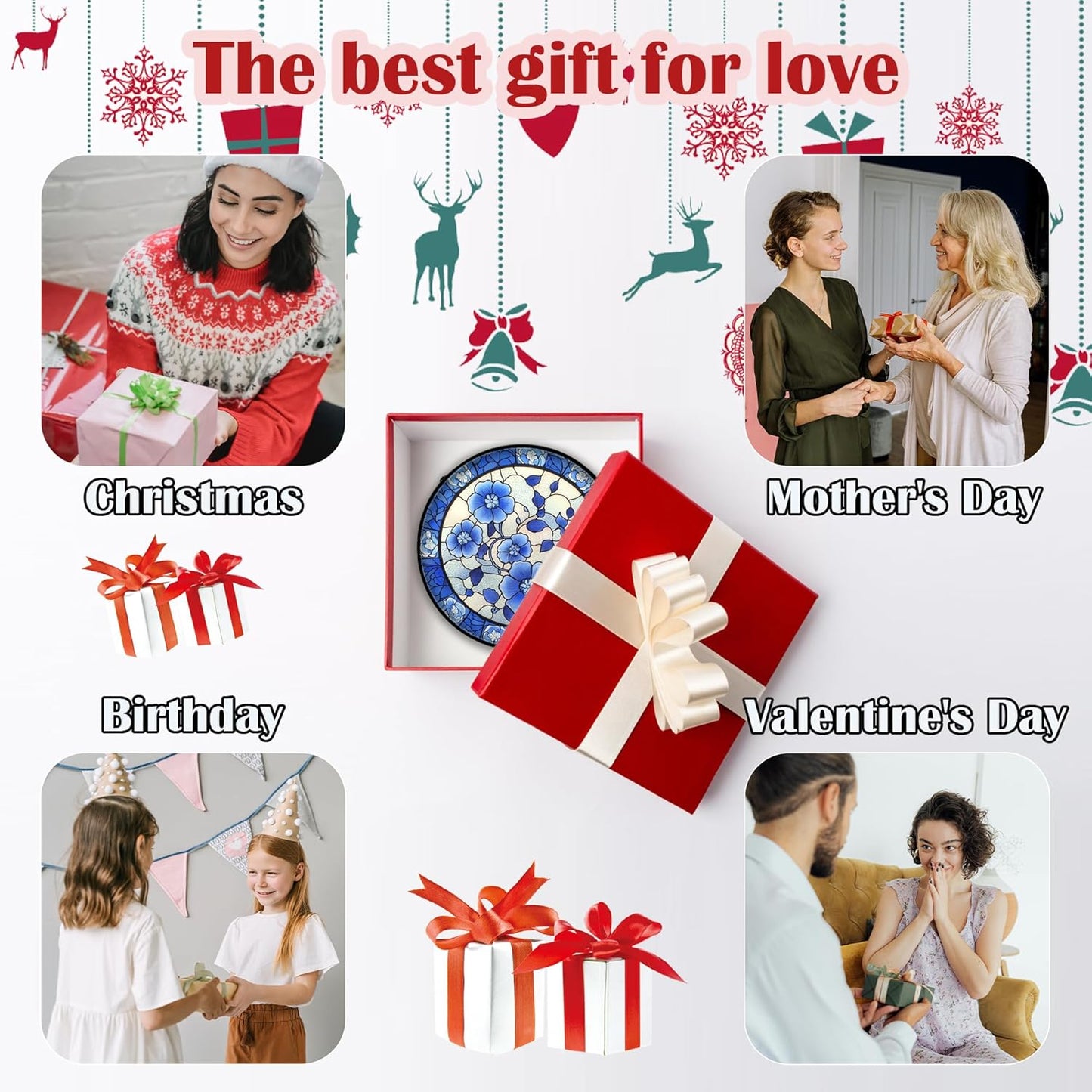 Stained Glass Window Hanging, Blue and White Plum Blossom Sun Catcher for Door Home Decor Flowers Suncatcher Christmas Mother's Day Birthday Gifts for Women Men Mom and Nana 7.8 in