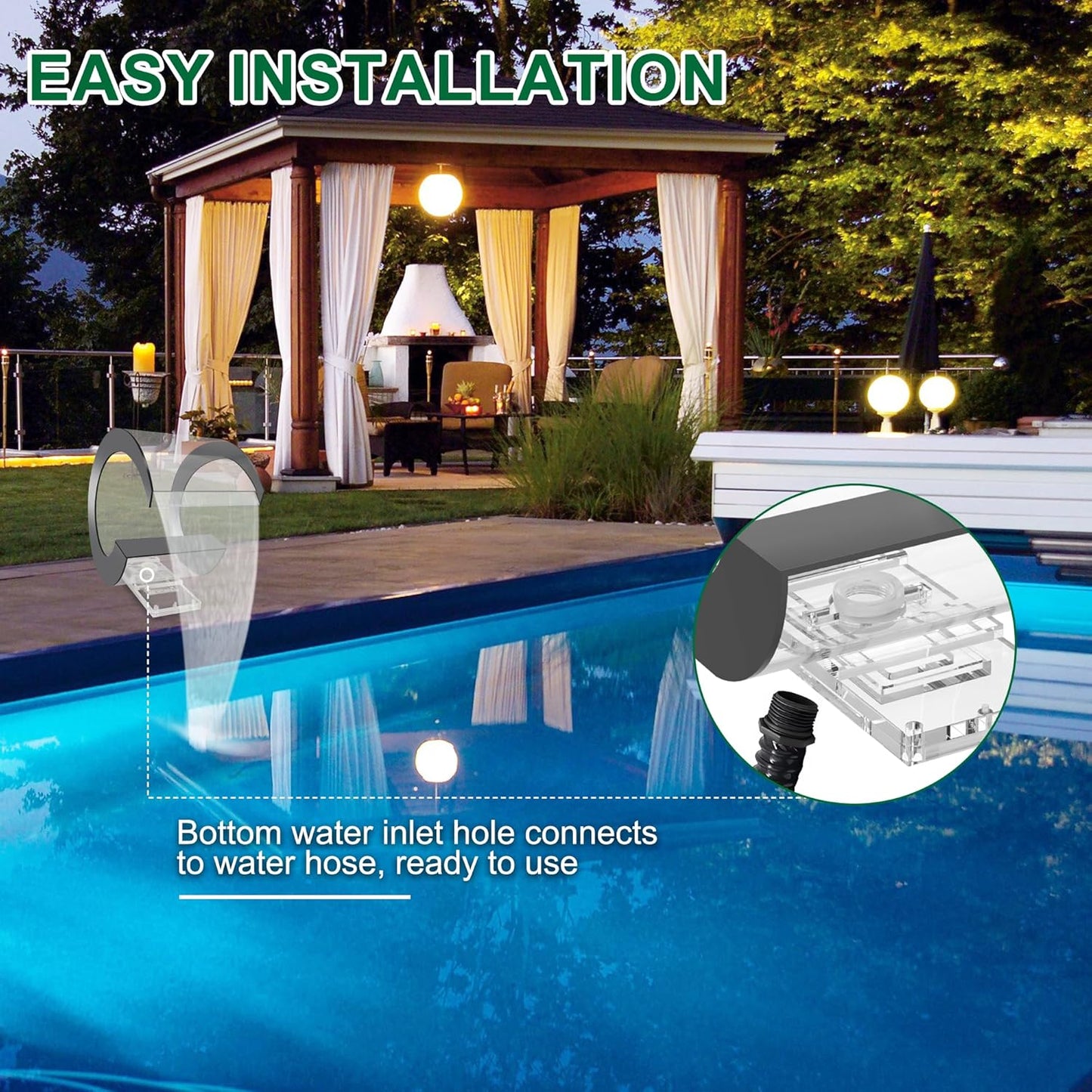 Pool Waterfall Fountain Transparent Acrylic Fountain 15.16'' x 15.16'' x 11.42'' Silver Pool Fountains for Ground Pools Garden Outdoor Waterfalls Sheer Descent Pond Water Feature