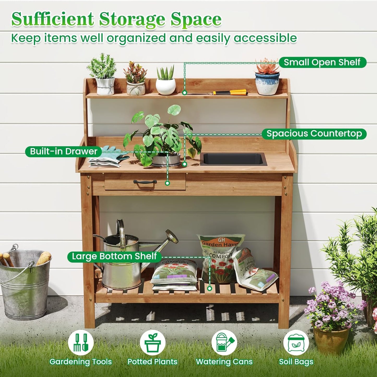 HAPPYGRILL Potting Bench Table, Wooden Work Bench with Removable Sink, Wood Garden Table with Storage Shelves, Drawer, Potting Benches for Outside, Patio Lawn Greenhouse