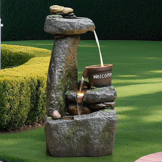 33" Outdoor Garden Water Fountain with Lights 4 Tiers Cascading Large Waterfall Floor Standing Fountain for Patio, Backyard, Deck, Porch and Home Art Decor