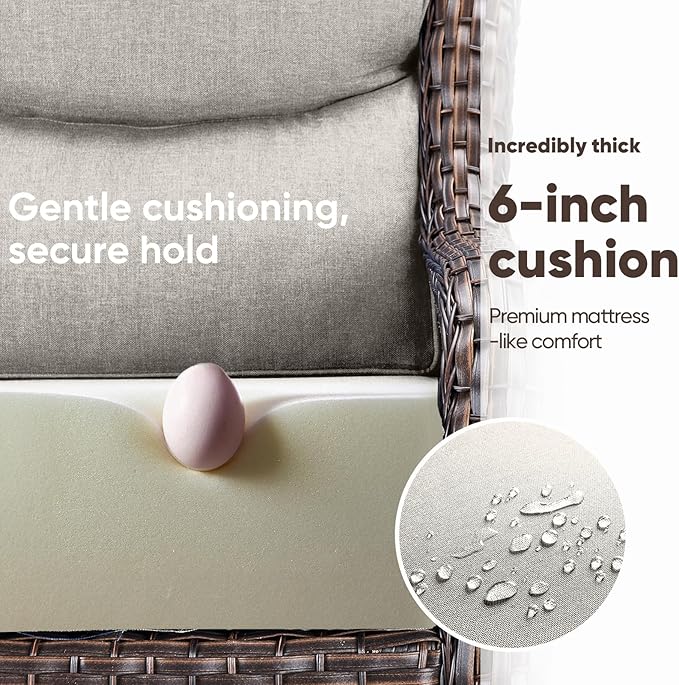 Swivel Patio Chairs sofa Set of 5 with 6" Thick Cushion - Wicker Outdoor Swivel Rocker Patio Chair ,Sofa/Glass coffee table, High Back Comfortable Outdoor Glider Chairs - Brown Wicker | Beige Cushions