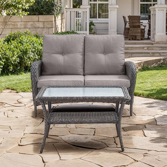 HUMMUH Outdoor Loveseat Sofa 2-Seat PE Wicker Outdoor Couch with Coffee Table,Deep Seat High Back Outdoor Patio Furniture for Patio,Garden,Porch,Deck(Grey)