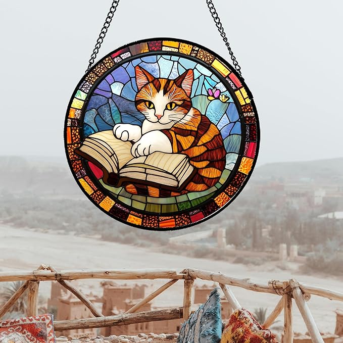 Stained Glass Window Hanging Little Cat Reading Large 11.8" - Suncatcher Door Garden Kitchen Sunroom Sun Catcher Home Decor Birthday for Lost Pets Mom Grandma Men Woman Friend