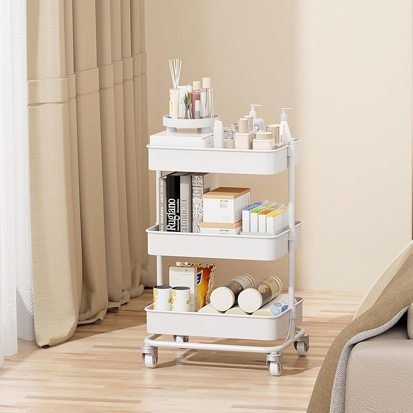 3-Tier Modern Metal Rolling Utility Cart with Silent Casters, 15.35x11.81x23.74 inch Heavy Duty Organizing Cart Trolley Organizer for Office, Living Room, Kitchen，(White)