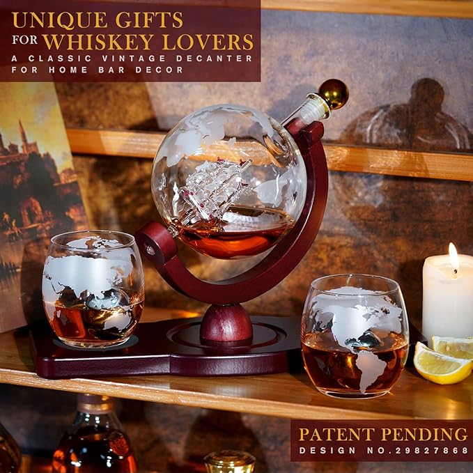 Gifts for Men Dad Fathers Day, PONPUR Whiskey Decanter Globe Set with 2 Ball Stones & 2 Glasses, Anniversary Birthday Gifts for Him Husband Boyfriend Brother, Cool Stuff Gift for Bourbon Scotch