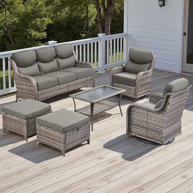Rilyson Wicker Outdoor Patio Furniture Set - 6 Piece Patio Conversation Sets with Swivel Rocker Chairs, Ottomans, Sofa and Table, 6 inch Cushions, Deep Seating, for Porch Deck Mixed Grey/Grey