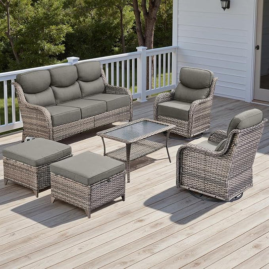 Rilyson Wicker Outdoor Patio Furniture Set - 6 Piece Patio Conversation Sets with Swivel Rocker Chairs, Ottomans, Sofa and Table, 6 inch Cushions, Deep Seating, for Porch Deck Mixed Grey/Grey