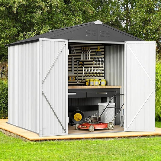 Greesum 6x4FT Outdoor Storage Shed, Utility Tool Shed Metal Storage Garden Shed with Door & Lock for Patio Storage, White