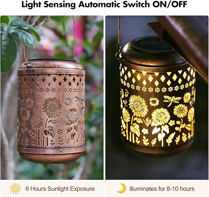 Solar Lanterns Sunflower Dragonfly Butterfly Lights Outdoor Decor Hanging Lantern Waterproof Metal LED Garden Decor Decorative,Yard,Patio,Lawn,Christmas Gifts 1 Pack Bronze