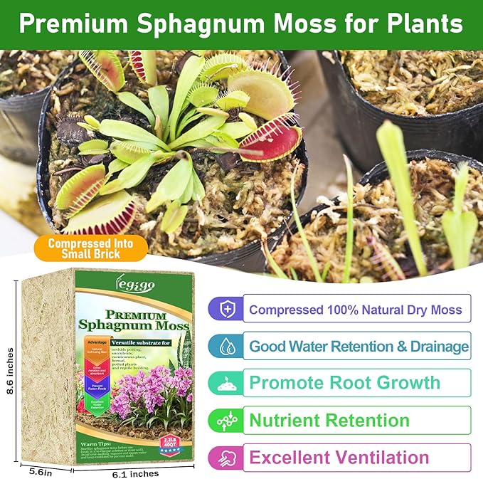 Legigo 2.2lb Natural Sphagnum Moss for Plants, 40QT Long Fiber Orchid Moss Potting Mix, Dried Sphagnum Moss for Plants Indoor, Orchid Repotting, Succulent, Carnivorous Plants, Terrarium and Reptiles