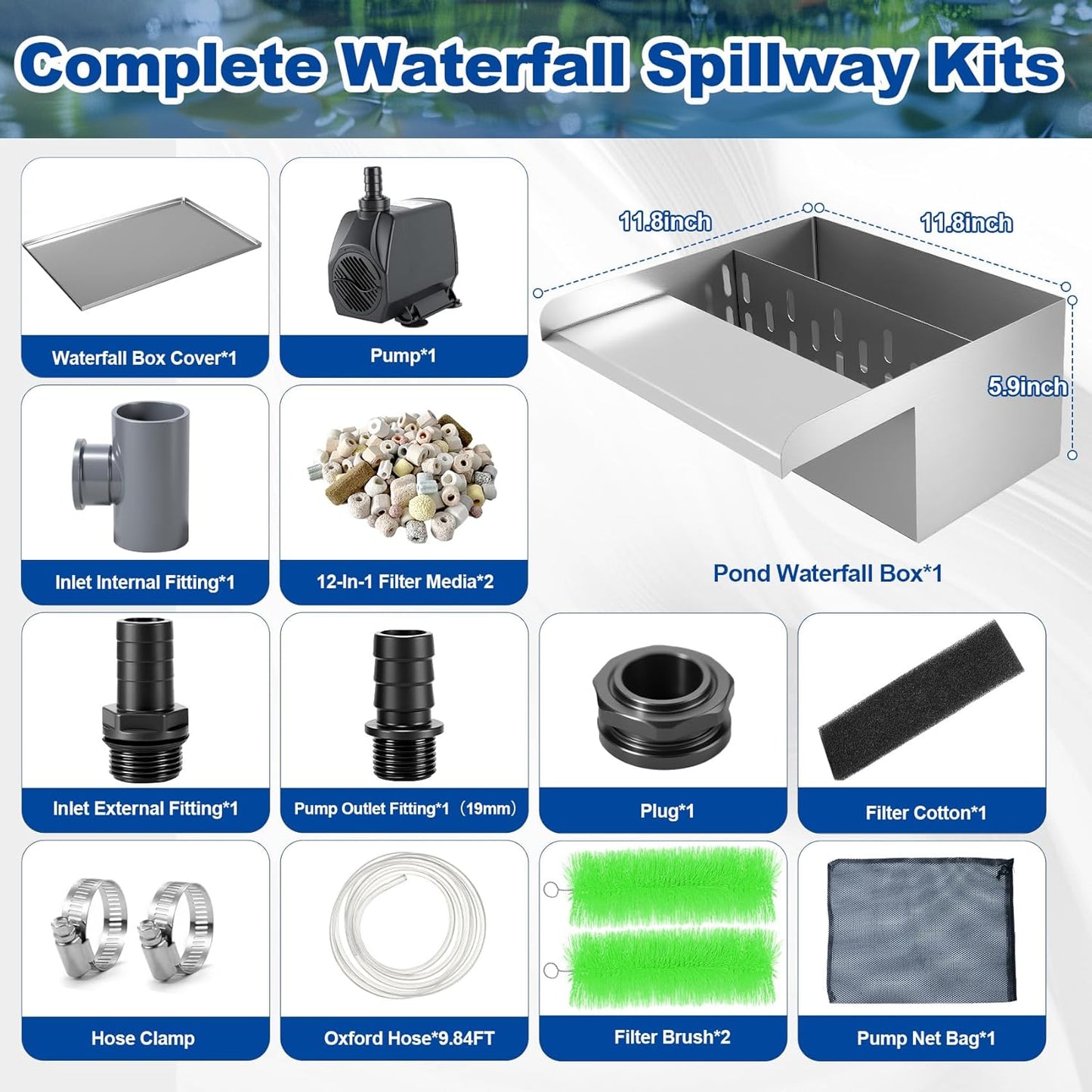 Pond Waterfall with Filter and Pump Kit, 304 Stainless Steel Waterfall Box for Ponds, 11.8in Spillway, 800 GPH Submersible Pump, 9.8' Hose, Sponge Filter, for Garden Pond, Water Feature, Aquaponics