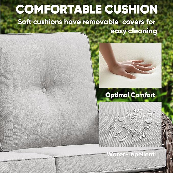 HUMMUH Outdoor Loveseat Sofa 2-Seat PE Wicker Outdoor Couch with Coffee Table, Deep Seat High Back Patio Furniture for Patio, Garden, Porch, Deck (Beige)