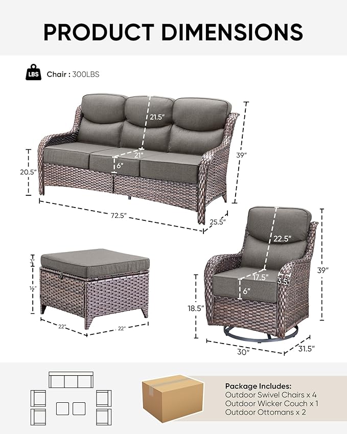 HUMMUH Wicker Patio Furniture Set 6 Inch Thick Cushion Outdoor Swivel Rocker Patio Chairs with Deep Seat Sofa 5PCS Outdoor Furniture Set for Porch Garden Deck