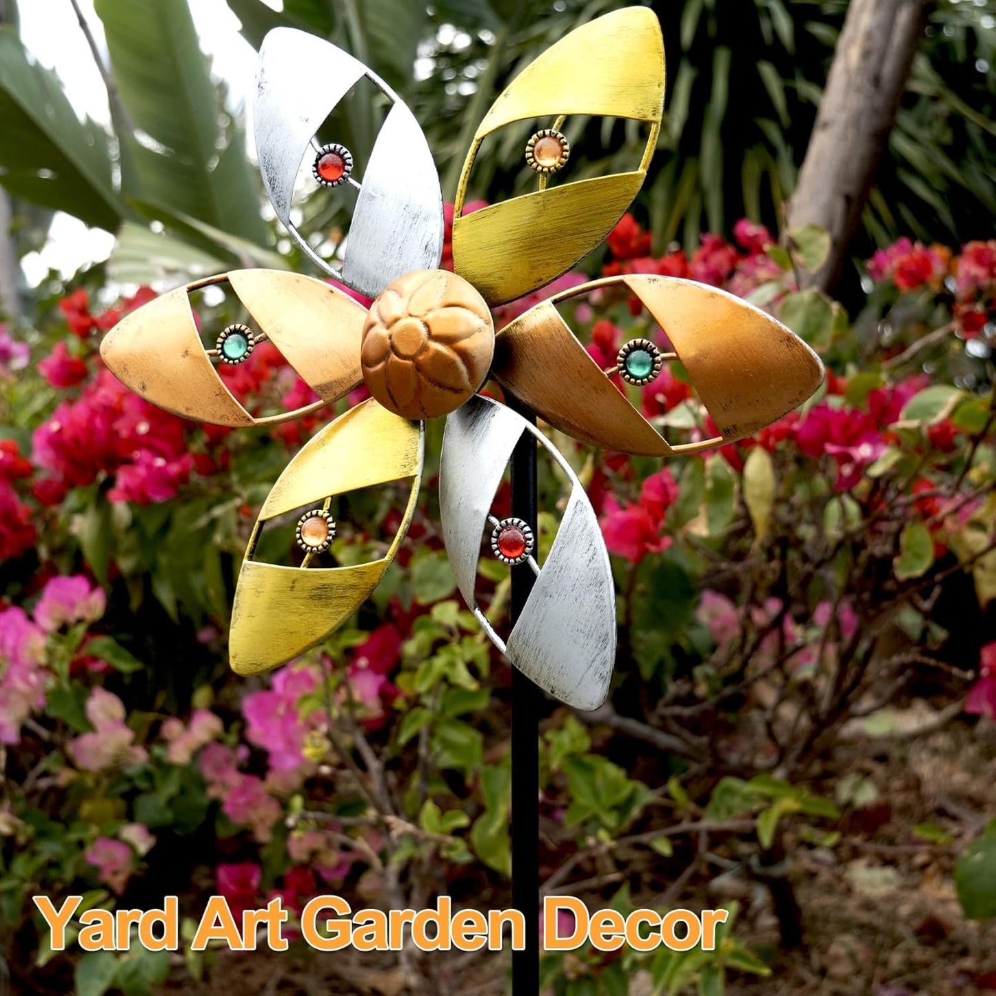 Wind Spinners Outdoor Metal, 10.63" W*37" H Pinwheels for Yard and Garden Decor, Kinetic Wind Sculpture Spinner (Gold Ornate Crystal Bead)