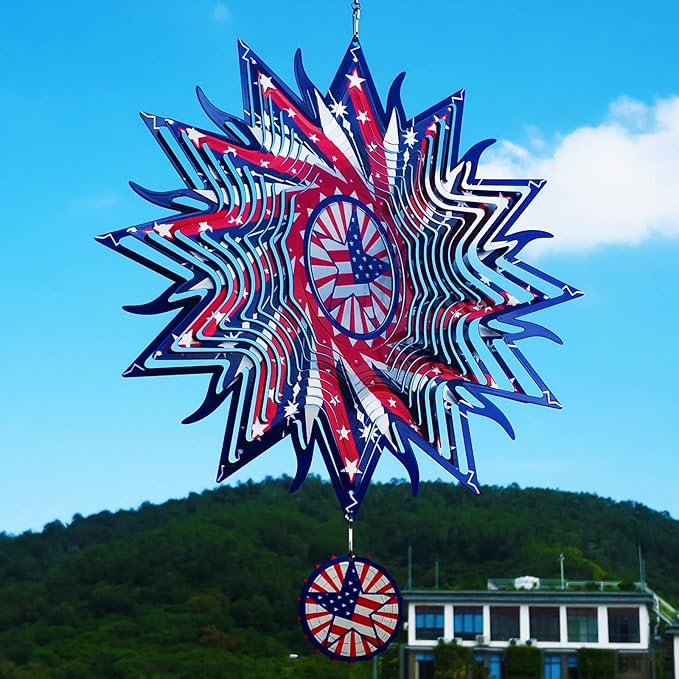 DJUAN 4th of July Decorations,12in American Flag Patriotic Wind Spinner Fourth of July Decor Outdoor,Garden Wind Spinners Patriotic Decor Independence Day Decorations for Yard,Garden,Patio