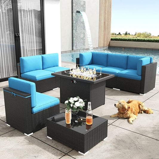 Patio Furniture Set with Fire Pit Table, 8 Pieces Outdoor All-Weather Wicker Conversation Sectional Chair Sofa Set