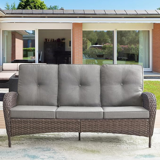 HUMMUH Outdoor Patio Couch-Outdoor Rattan Couch with Thick Cushions Outdoor Sofa for Deck Lawn Porch Balcony Poolside-Brown/Grey