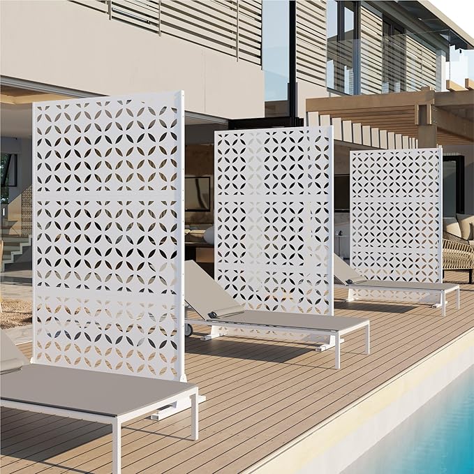 Heavy-Duty Outdoor Privacy Screen for Patio, Balcony, Backyard - 72" H * 44" W Metal Room Divider with Classic Clover Pattern, Anti-Tipping Kit, Weather Resistant, Easy Assembly (White-SYC)