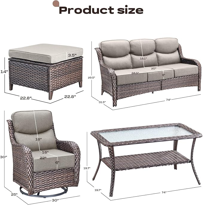 Rilyson Wicker Outdoor Patio Furniture Set - 8 Piece Patio Conversation Sets with Swivel Rocker Chairs, Ottomans, Sofa and Table, 6 inch Cushions, Deep Seating, for Porch Deck Brown/Beige