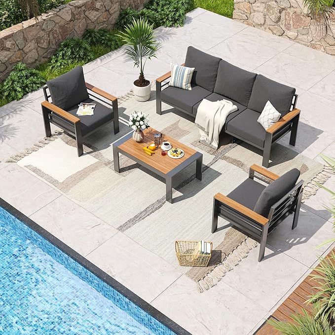Aoxun Aluminum Patio Furniture Set 5 Seats, Oversized Outdoor Sectional with Washable Thick Cushions, Coffee Table, Patio Conversation Sets for Porch, Balcony, Deck