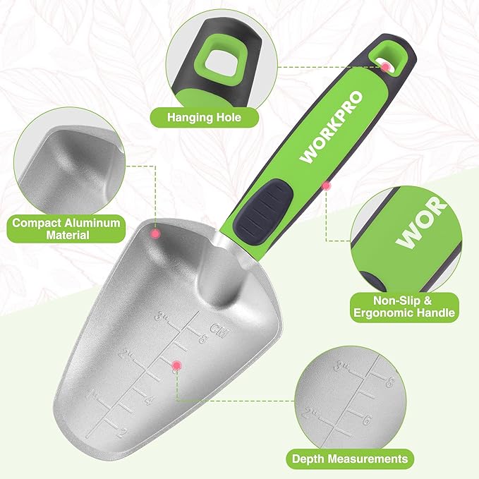 WORKPRO 5PCS Garden Tool Set, Powder Coating Compact Aluminum Gardening Tool Set with Repotting Mat, Outdoor Garden Hand Tools, Ideal Gardening Gift, Green