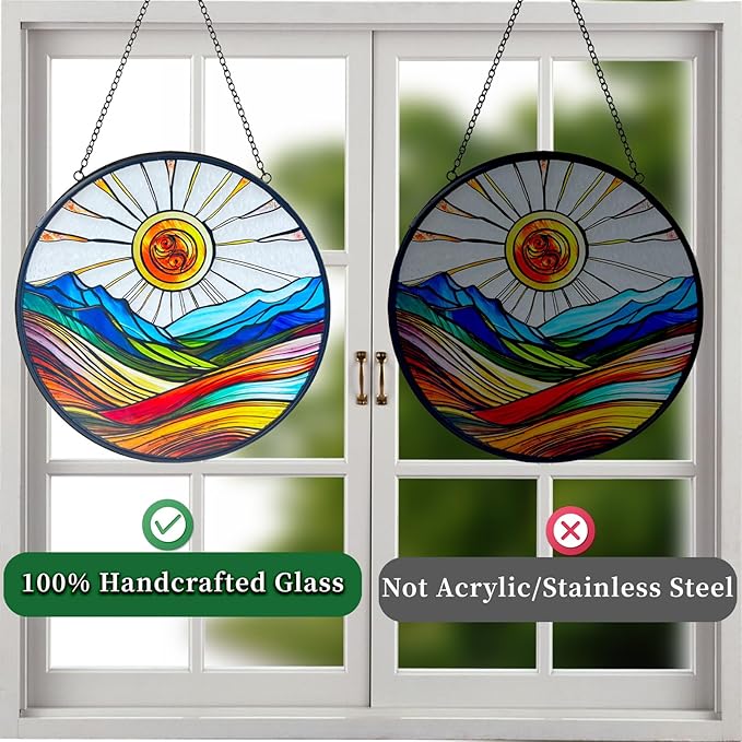 Artistic Colorful Sunrise Stained Glass Suncatcher - Window Wall Hanging Ornament Hand-Painted Glass Panel Sun Catcher - Decoration for Home Garden Christmas Party Wedding Housewarming Gifts