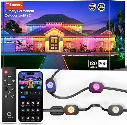 Lumary Smart Permanent Outdoor Lights 2 with Remote & Slide-Base, 200ft with 120 RGBAICW LED 7200lm for Daily & Accent Lighting, Work with Alexa Google, 110+ Scene for Halloween Christmas Decor, Black