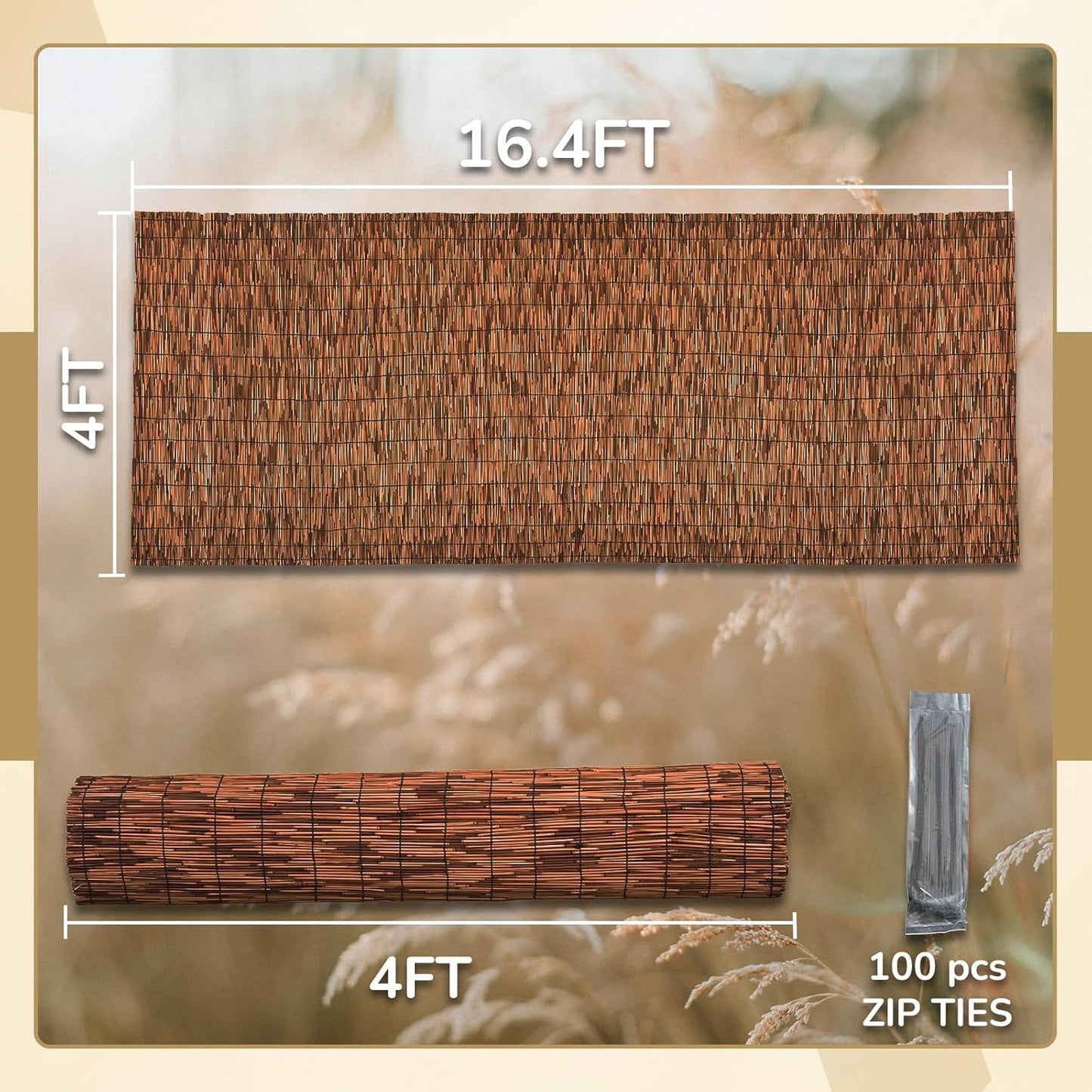 Brown 4FT X 16.4FT Reed Fencing Roll, Balcony Privacy Reed Shade Bamboo Fencing Garden Fence Border, Wind Block Sunshade Fence Screen for Outdoor Yard Patio Flower Bed Edge