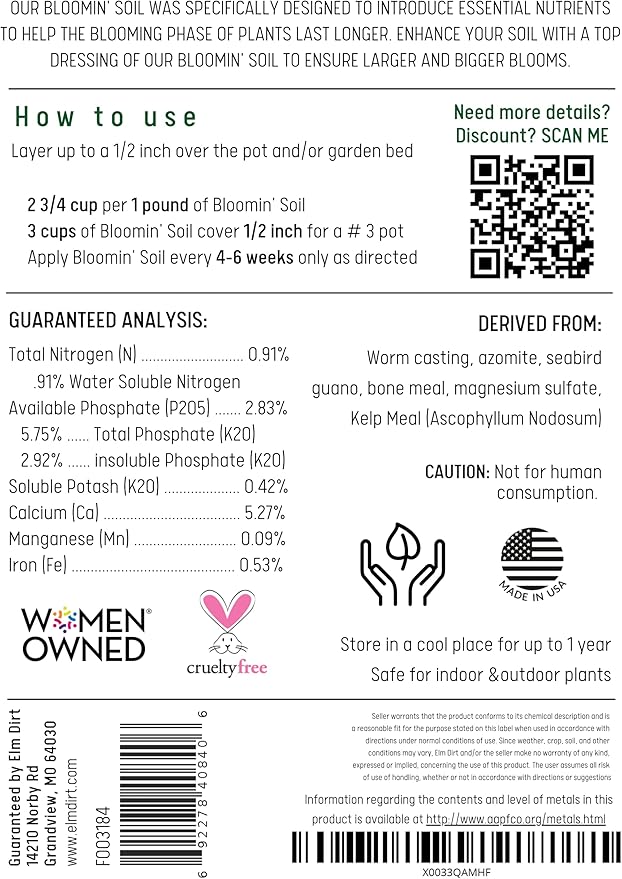 Elm Dirt Premium Bloom Soil - 100% Organic for Outdoor & Indoor Plants | Soil Enhancer for Plant Growth & Healthy Nutrients - Big Bloom Activator, 6 lbs